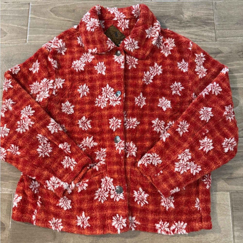 Vintage Tsunami Indigenous Collection fleece jacket Orange and White Floral, M